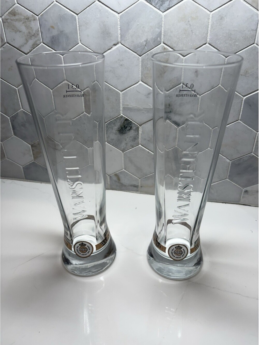 Warsteiner 0.3L Pilsner Beer Glass Clear Gold Trim Set of 2 Breweriana Barware